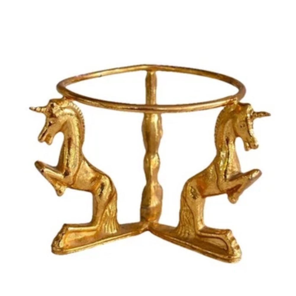 Gold Tone Three Unicorn Horse Shaped Metal Display Pedestal Stand